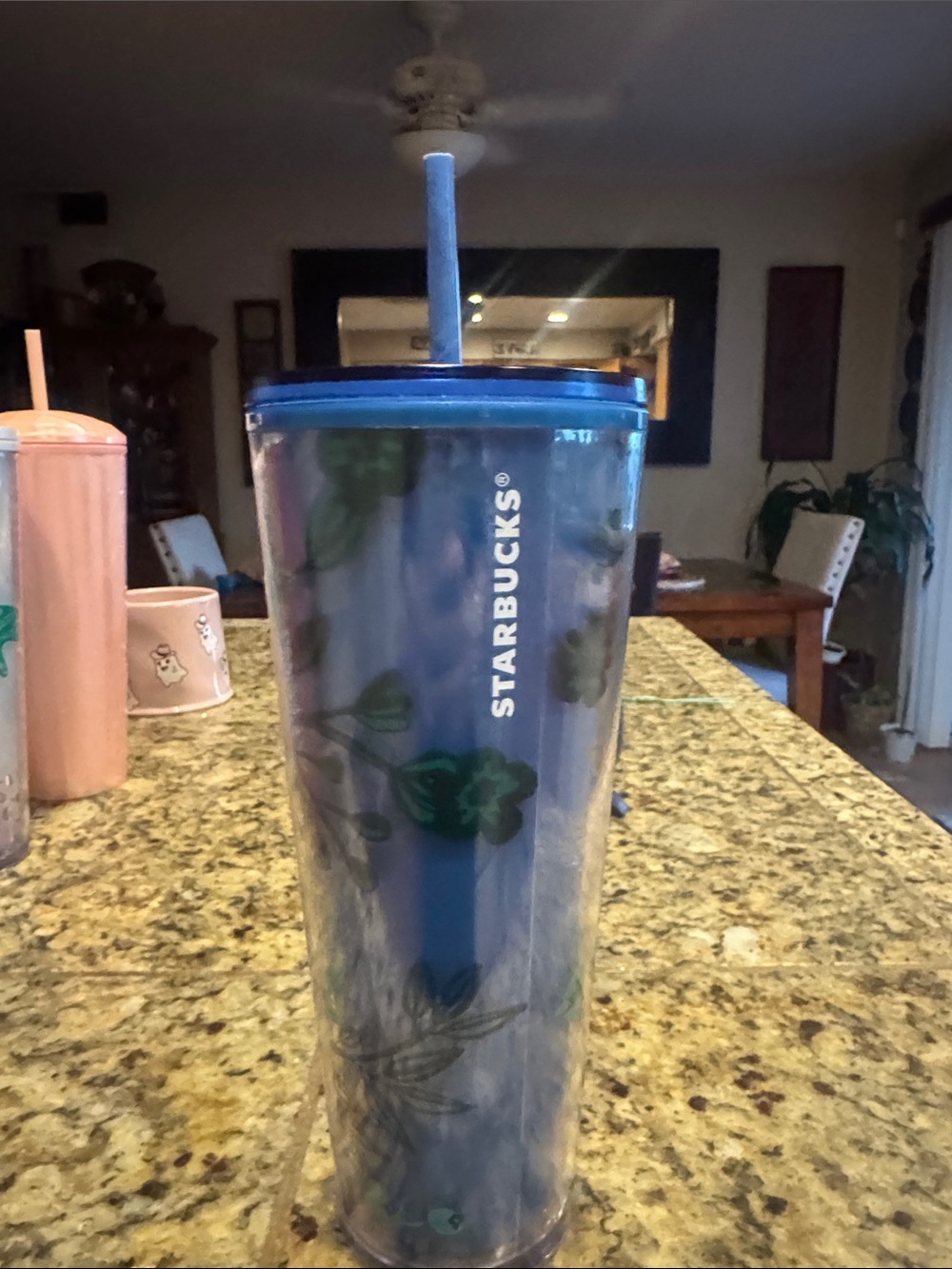 Starbucks Blue Tumbler with Green Floral Accents and Straw